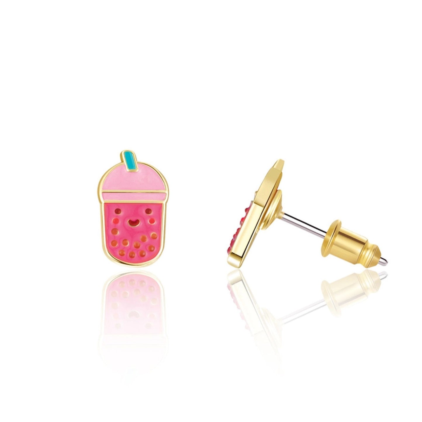 Pink boba tea stud pierced earrings with front and side view on white background. 