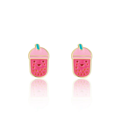 Pink with blue straw boba tea enamel stud earrings for kids sitting on white background. Little Gift Nook