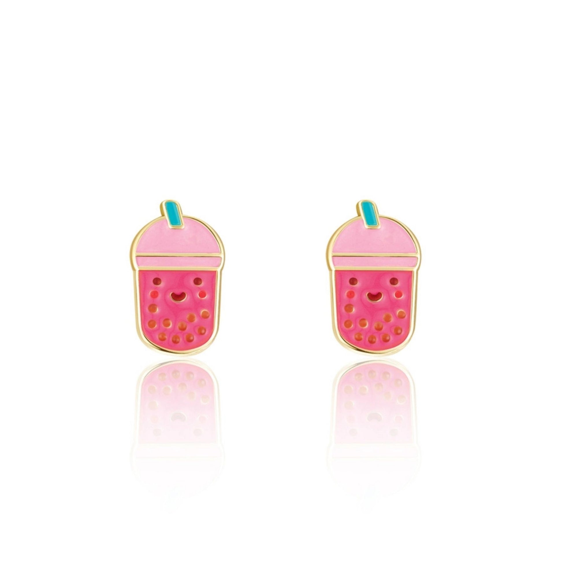 Pink with blue straw boba tea enamel stud earrings for kids sitting on white background. Little Gift Nook