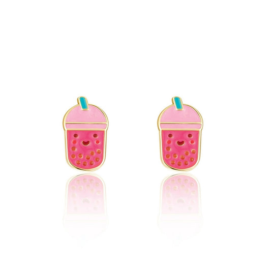 Pink with blue straw boba tea enamel stud earrings for kids sitting on white background. Little Gift Nook