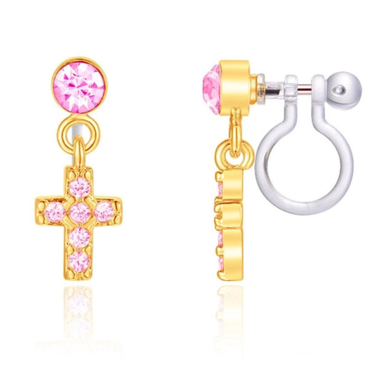 Pink gold cubic zirconia cross drop clip on earrings with silicone hoop backs on white background. Little Gift Nook