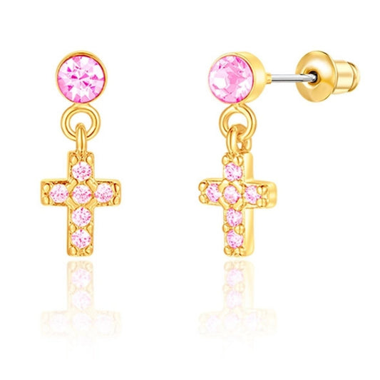 Pink gold cubic zirconia cross dangle pierced earrings sitting on white background. Little Gift Nook