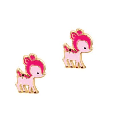 Pink standing deer pierced earring studs for kids standing on white background. 