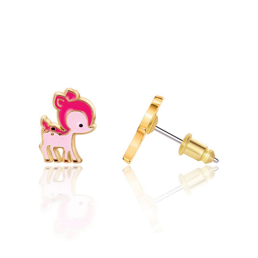 Pink deer with gold color outline stud earrings for kids with surgical steel posts sitting on white background. Little Gift Nook