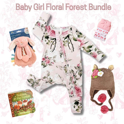 Baby girl pink floral bamboo pajamas 5 piece gift set bundle on a white and pink background. Little Gift Nook