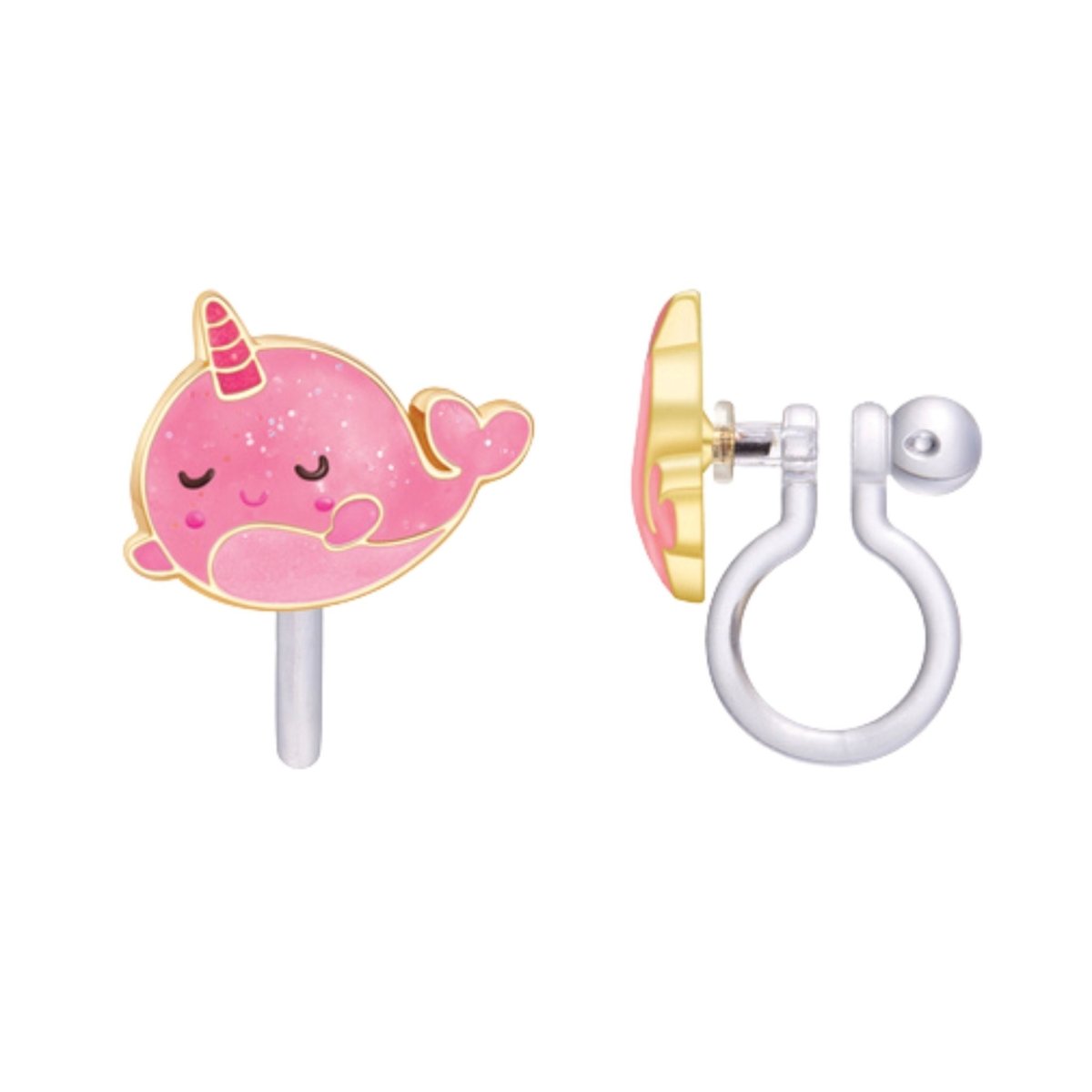 Glitter Pink Narwhal Lead Free Clip On Earrings. Silicone no pinch backing - Little Gift Nook