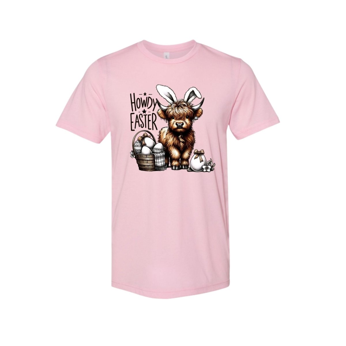 Pink tshirt with image of cow wearing bunny ears and easter basket with eggs "Howdy Easter" on a white background.