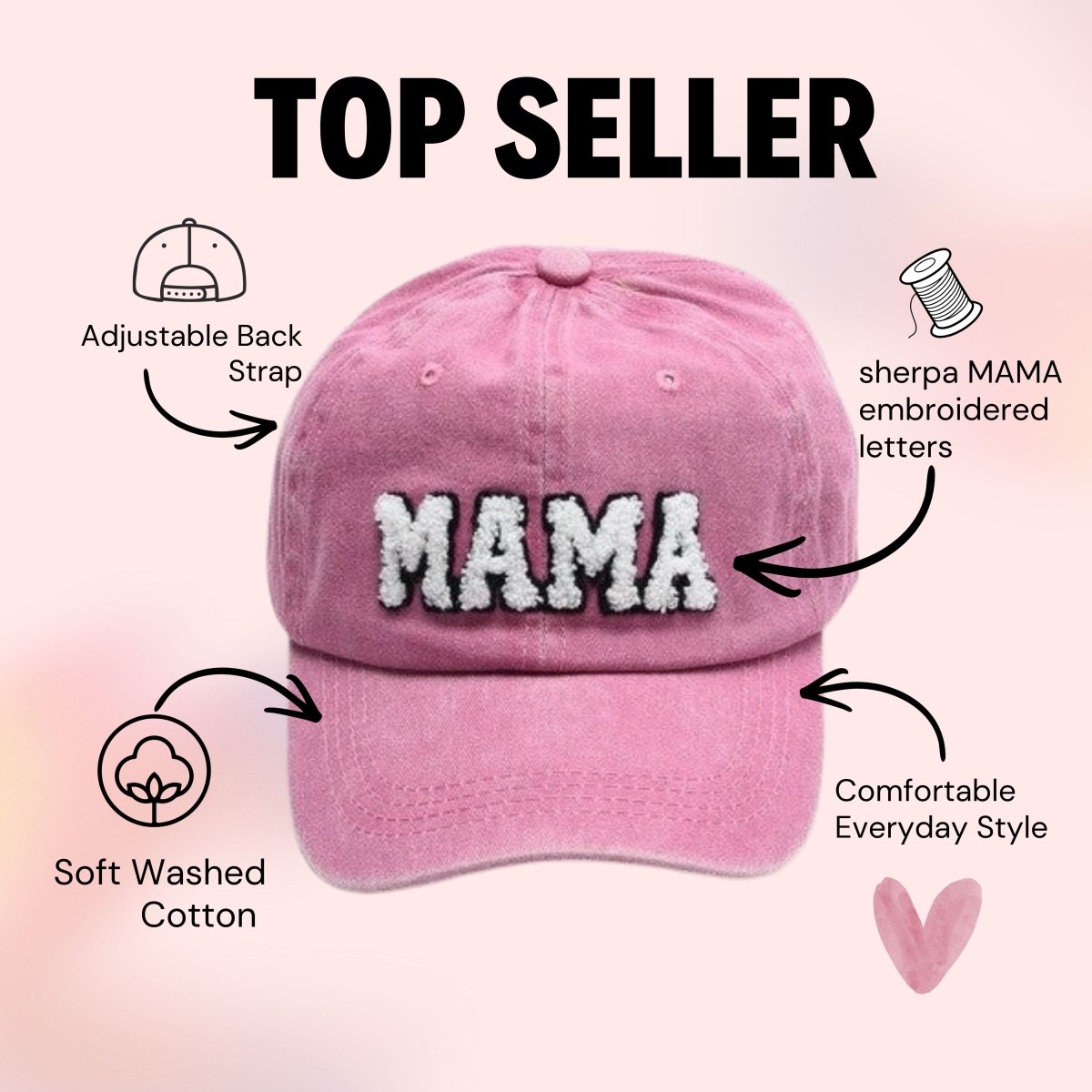 mama sherpa embroidered baseball cap feature graphic showing adjustable strap soft washed cotton and comfortable fit