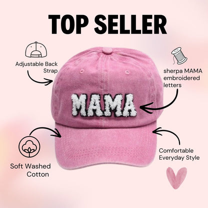 mama sherpa embroidered baseball cap feature graphic showing adjustable strap soft washed cotton and comfortable fit
