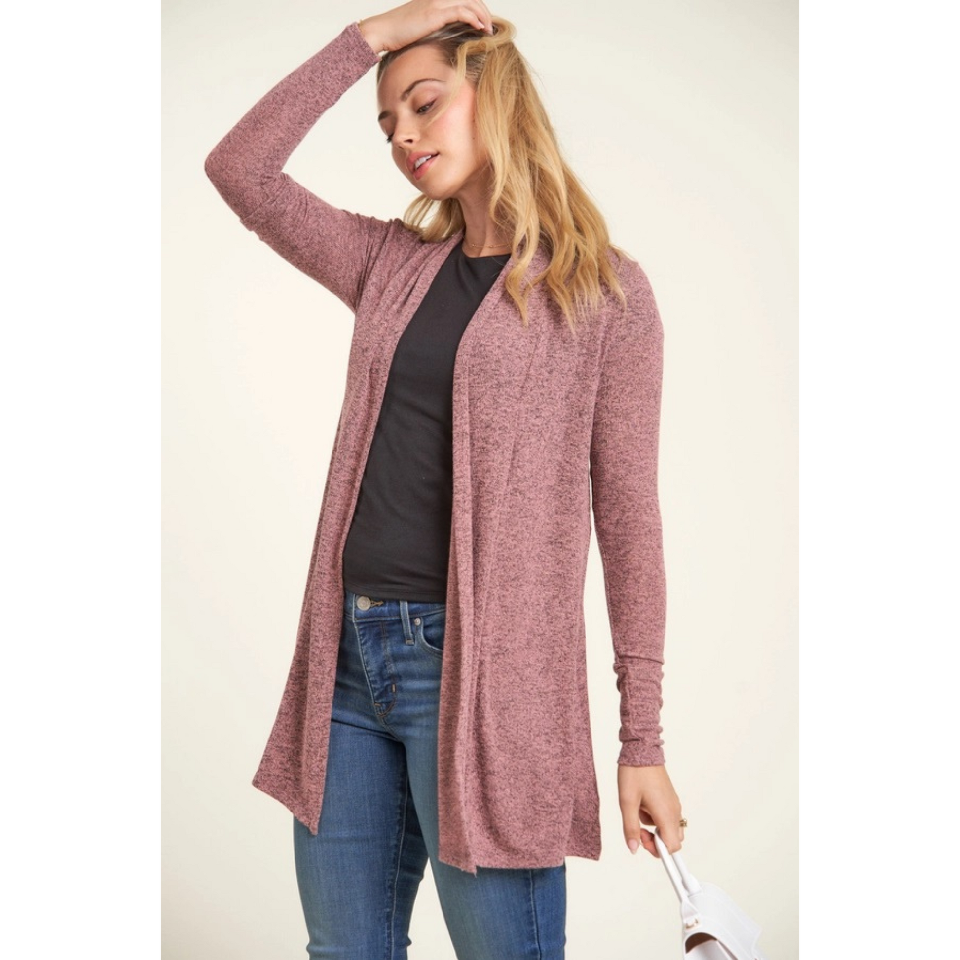 Pink Long Sleeved Women's Open Cardigan. On Model. - Little Gift Nook