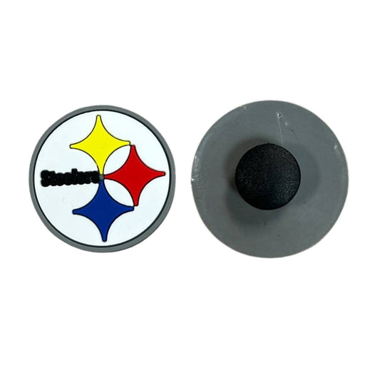 Pittsburgh Steelers logo shoe charm for croc like shoes. Front and back of charm. 
