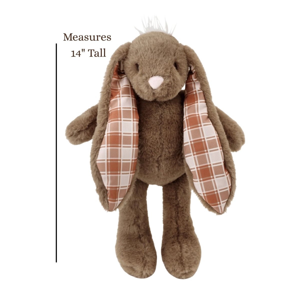 Brown 14" tall plaid ear stuffed plaid ear bunny plush on a white background. Little Gift Nook