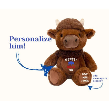 11" brown plush buffalo stuffed toy with personalized belly and foot sitting on white background. Little Gift Nook