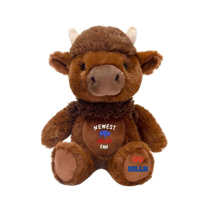 Plush brown buffalo stuffed toy with personalization on tummy "Newest Bills fan" and "Go Bills" on foot on a white background.