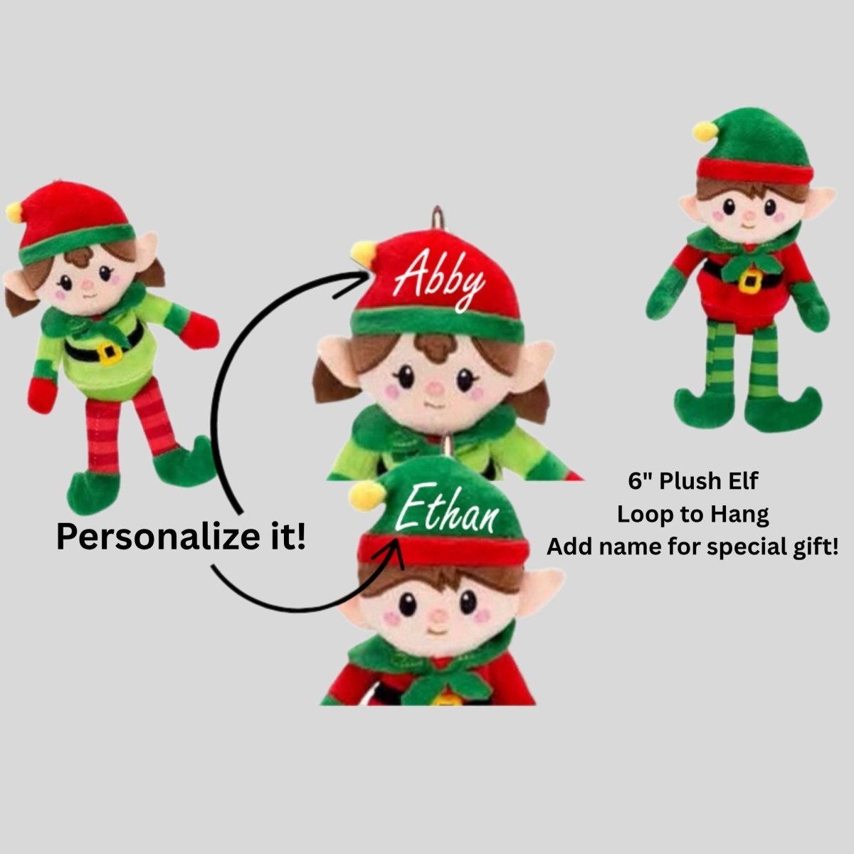 8" Elf Plush Dolls. Boy or girl elf plush doll. Hang on tree or a soft doll. Personalize with name on front.- Little Gift Nook