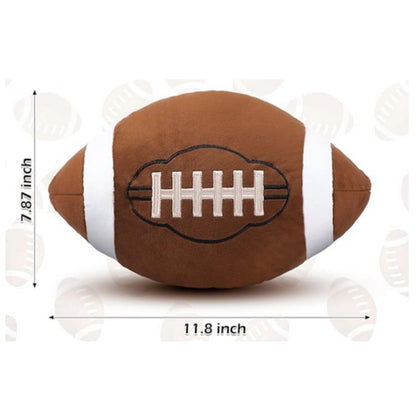 Plush football toy with dimensions on a white background.