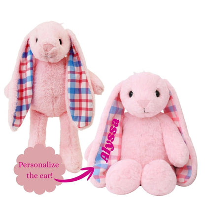Pink Plush Stuffed bunny one standing and one sitting with ear personalized with name on a white background. 