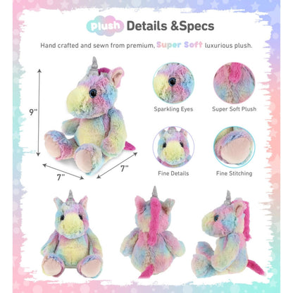 Rainbow Unicorn plush toy with silver sparkle horn and pink hair size and details.