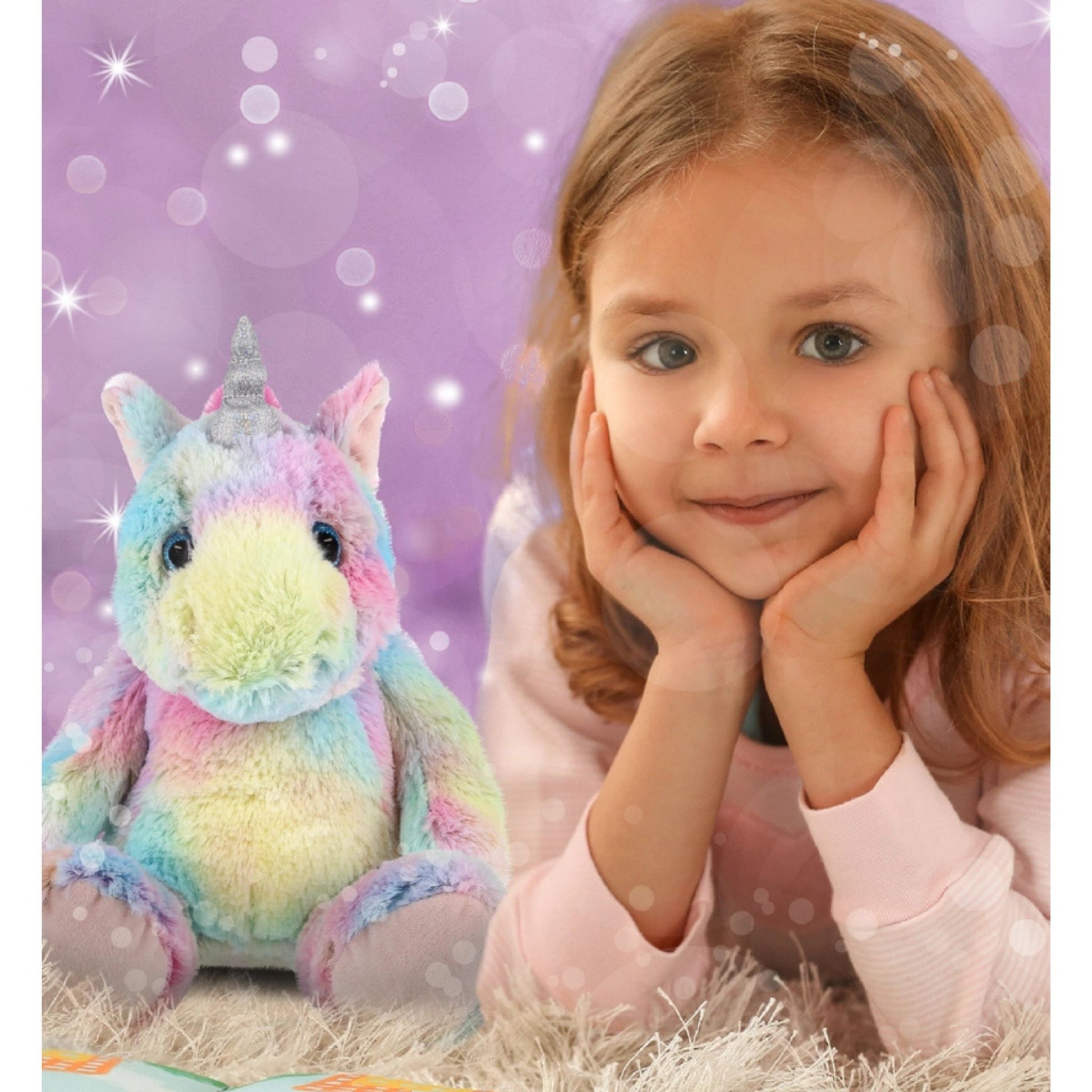 Little girl with plush rainbow unicorn toy on a sparkle purple background.