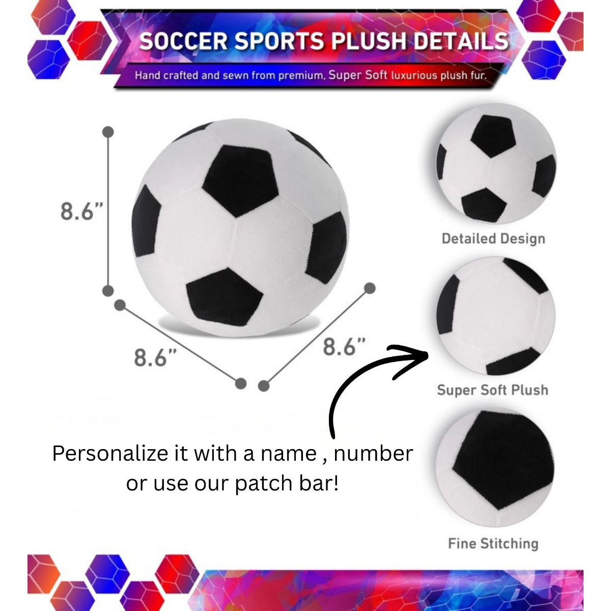 Stuffed plush 8.6" soccer ball that can be personalized. Details sitting on white background.