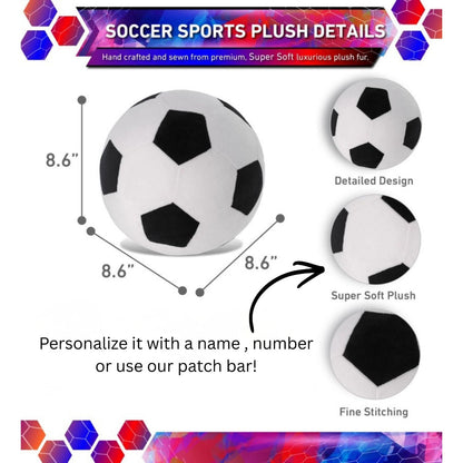 Stuffed plush 8.6" soccer ball that can be personalized. Details sitting on white background.