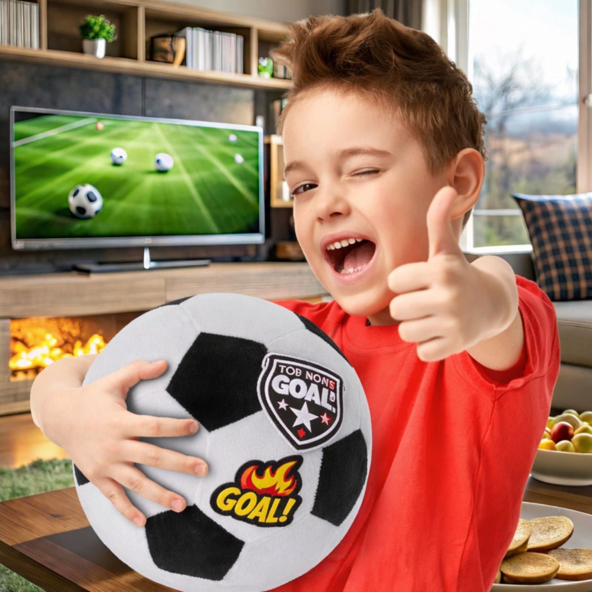 Little boy holding a plush stuffed soccer ball with patches heat press on it sanding in front of tv with soccer on.