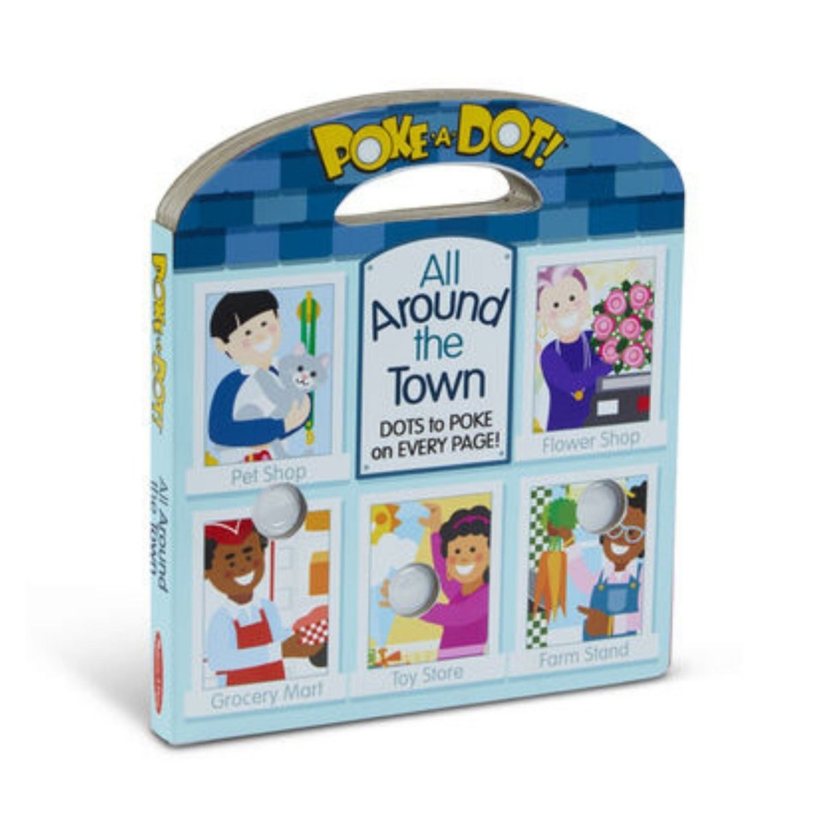 Melissa & Doug Poke a Dot All around Town handle board book standing upright on angle on a white background.