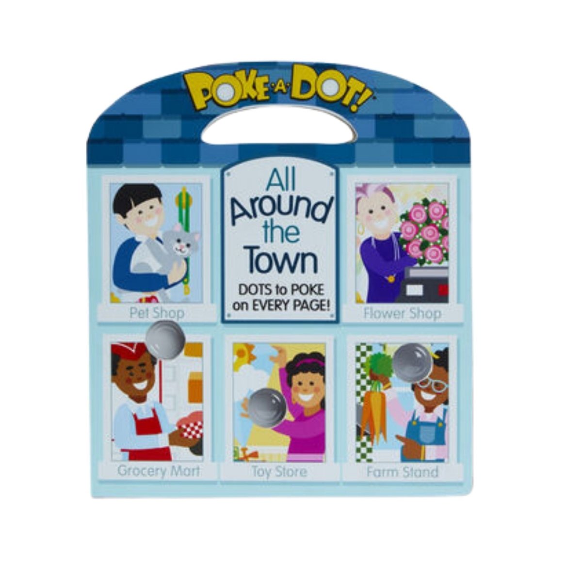 Melissa & Doug Poke-a-dot All Around Town bubble sensory board book with handle on a white background. Little Gift Nook