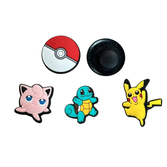 Pokemon theme shoe charms: red white ball, showing front and back pink Jigglypuff, teal Squirtle, and yellow Pikachu. Little Gift Nook