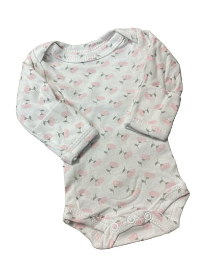 Preemie Baby bodysuit with floral pattern laying flat on a white background. Little Gift Nook