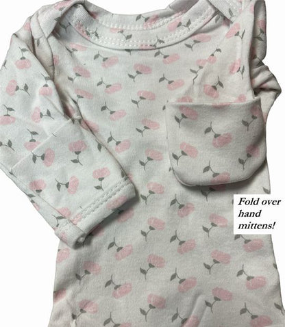 Preemie Girls White Pink Floral Print long sleeve bodysuit with fold over cuff hands.