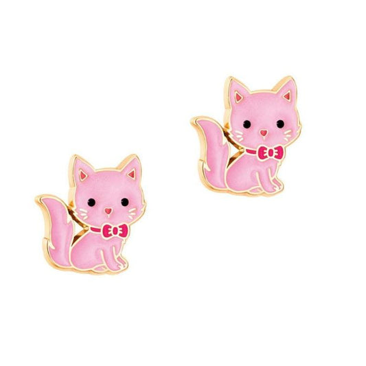 pink kitten stud pierced earrings on white background. Little Gift Nook.