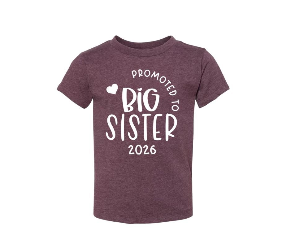purple "promoted to big sister 2026" tshirt sitting on white background.