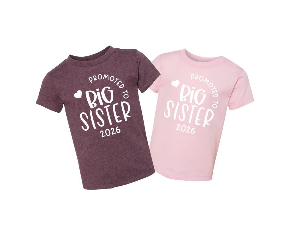 purple and pink "promoted to big sister 2026" kids tshirts sitting on white background. Little Gift Nook