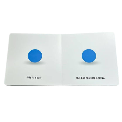 Quantum Physics board book for babies open pages with a blue ball and energy.  