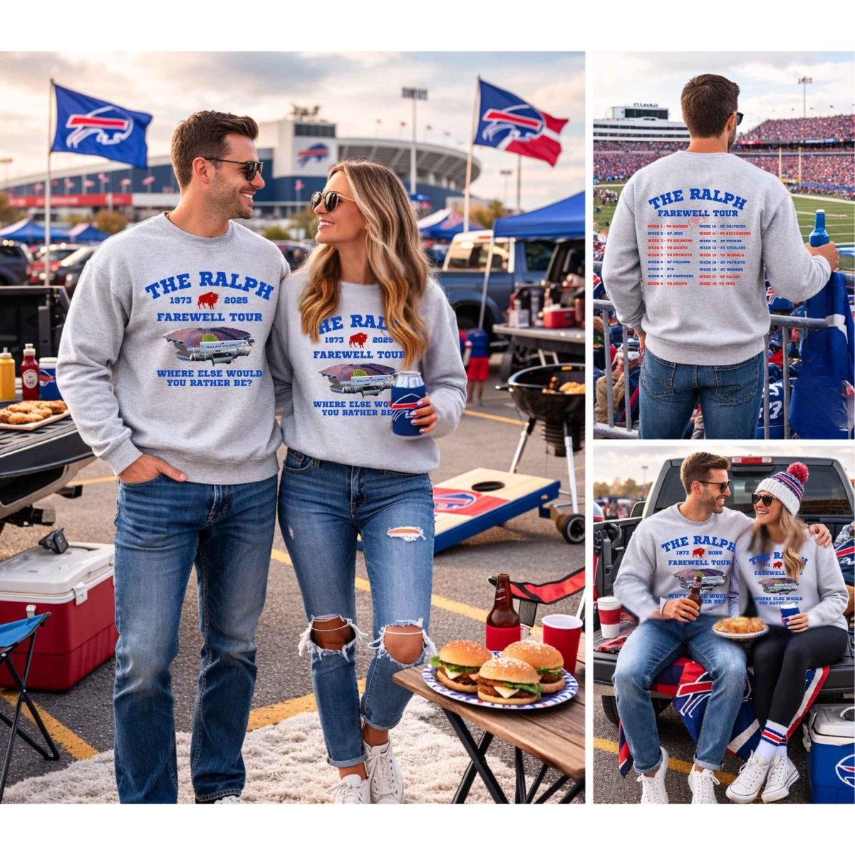 People wearing 'The Ralph Farewell Tour' sweatshirts at a sports event tailgate.
