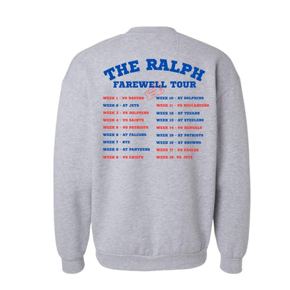 Ralph farewell tour Buffalo football Heather gray sweatshirt game dates in back in red blue text.
