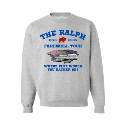 The Ralph stadium farewell tour Heather gray sweatshirt blue lettering and stadium image on front - Little Gift Nook