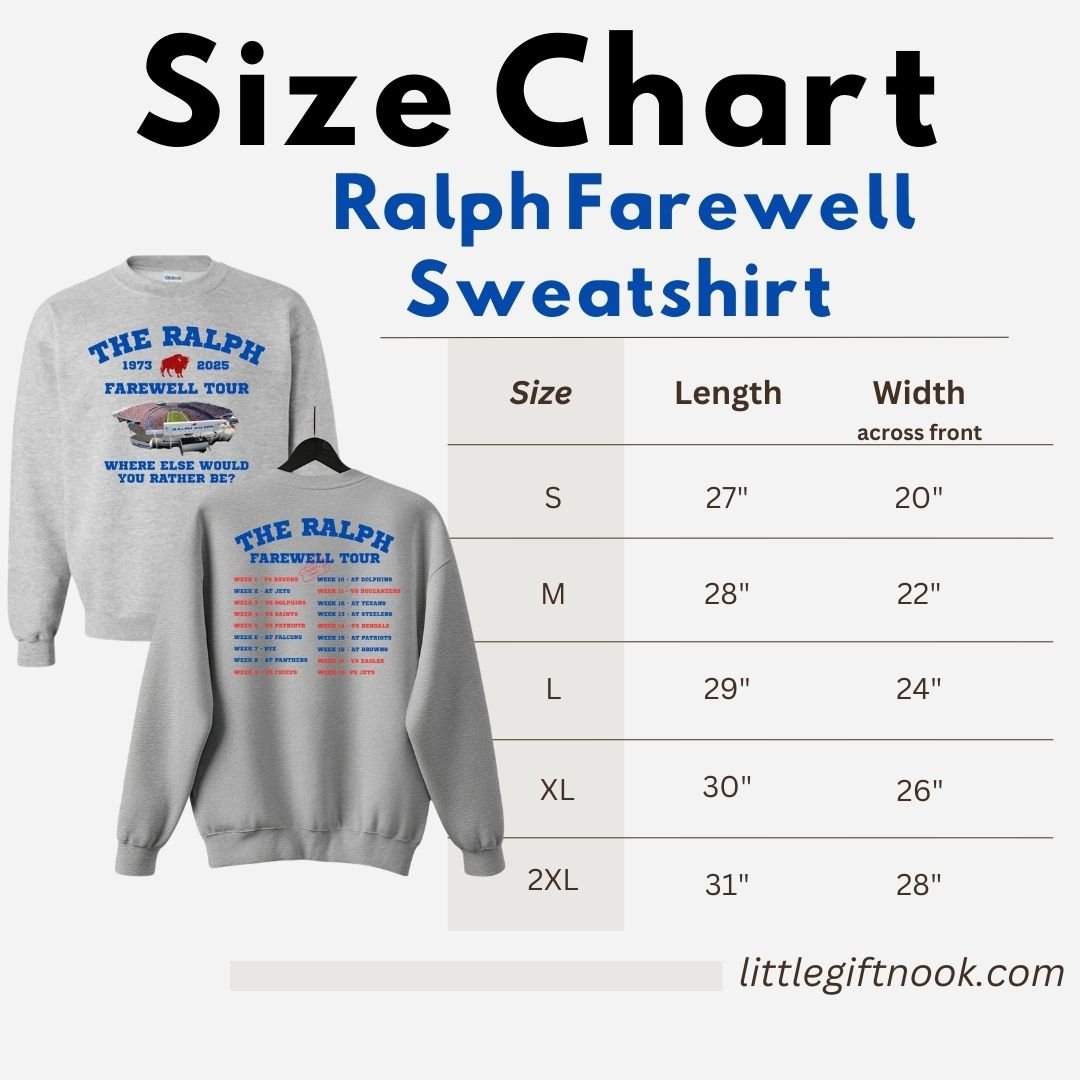 Size chart for a gray sweatshirt with 'Ralph Farewell' design, showing measurements for different sizes.