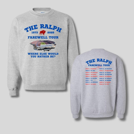 Ralph Farewell stadium tour Buffalo football Heather gray sweatshirt front and back with game dates - Little Gift Nook