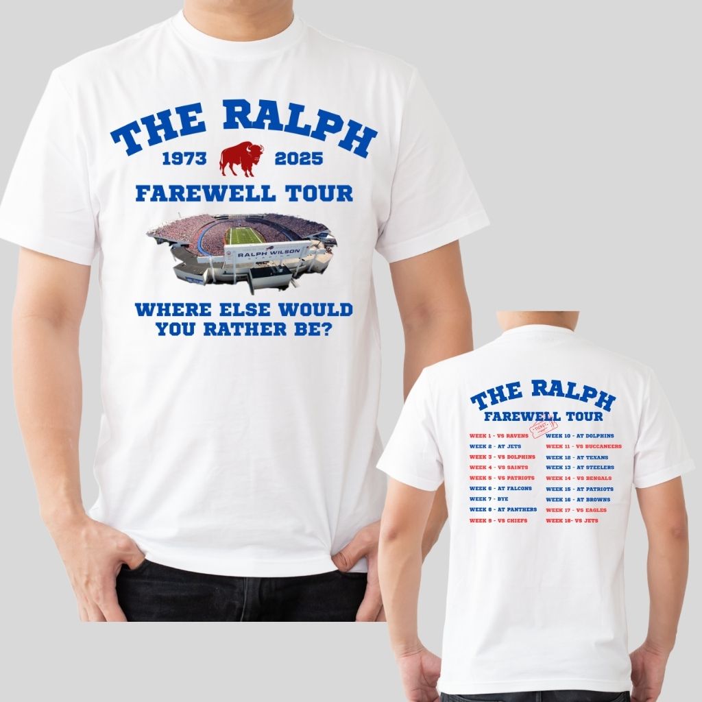 White t-shirt with 'The Ralph Farewell Tour' text and Buffalo football graphics front and back on a gray background.