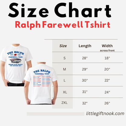 The Ralph Farewell Tour Buffalo Football T-Shirt | Highmark Stadium Tribute Tee 1973–2025 size chart. 