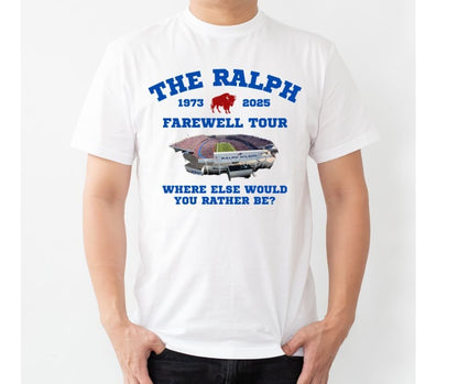 Man wearing "The Ralph Farewell Tour" Buffalo Football T-Shirt in white  standing on a light gray background.