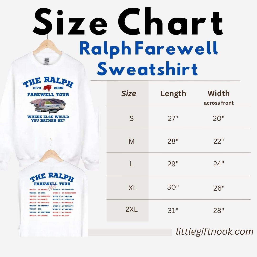 Size chart for a Ralph Farewell sweatshirt with measurements on a white background.