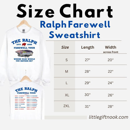 Size chart for a Ralph Farewell sweatshirt with measurements on a white background.