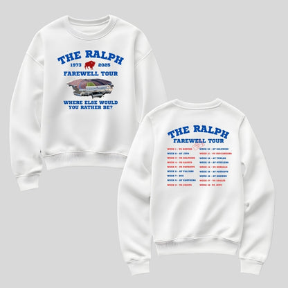 Front and back of White sweatshirt with 'The Ralph Farewell Tour' text and graphics on a gray background.