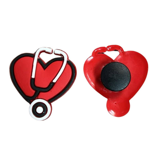 Red black white heart stethoscope shoe charm front and back on white background. Little Gift Nook