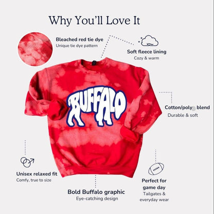 Red bleached tie-dye crewneck sweatshirt with blue and white buffalo shape and letters spelling out buffalo inside it and features you'll love listed on a white background.