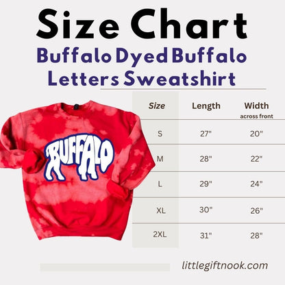 Size chart for a red bleached tie dyed crewneck sweatshirt with blue and white buffalo design in center.