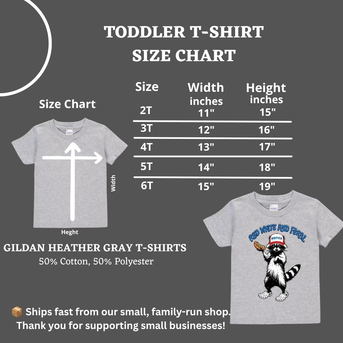Size chart for toddler "Red, white, and Feral" racoon Merica 4th of July t-shirt.
